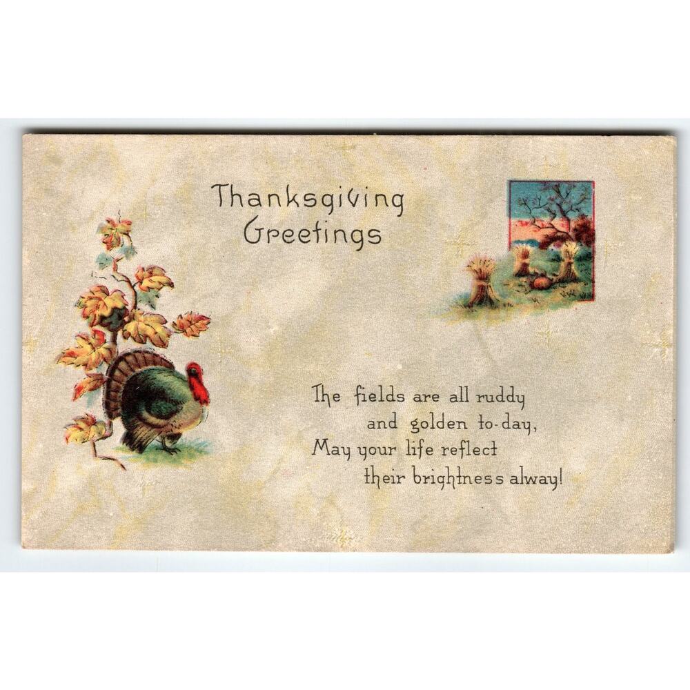 Vintage Thanksgiving Greetings Postcard with Turkey & Autumn Scene